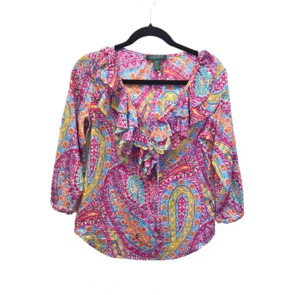 Lauren Ralph Lauren Blouse Women XS Pink Paisley Ruffle Top Long Sleeve Cotton - Picture 1 of 6